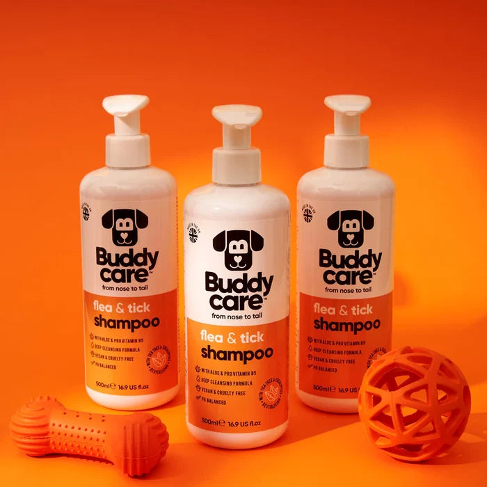 Buddycare Flea and Tick dog shampoo bottle photographed from a second angle