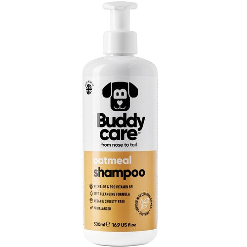 Buddycare Oatmeal dog shampoo 500ml bottle, front of pack with a cream and oat coloured label