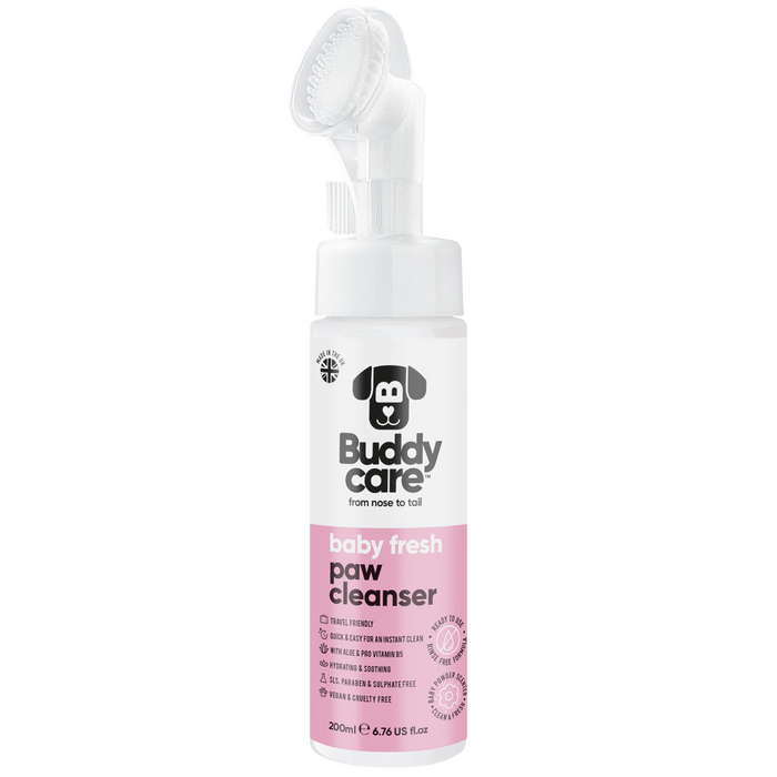 Buddycare Baby Fresh paw cleanser 200ml bottle with silicone brush dispenser head, front of pack