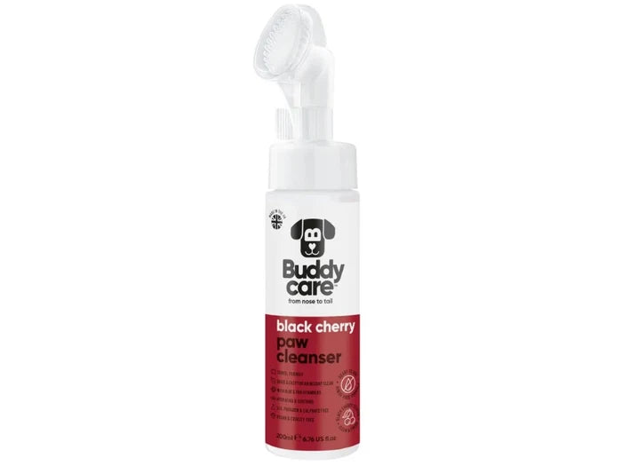 Buddycare Black Cherry paw cleanser 200ml bottle with silicone brush head, front of pack