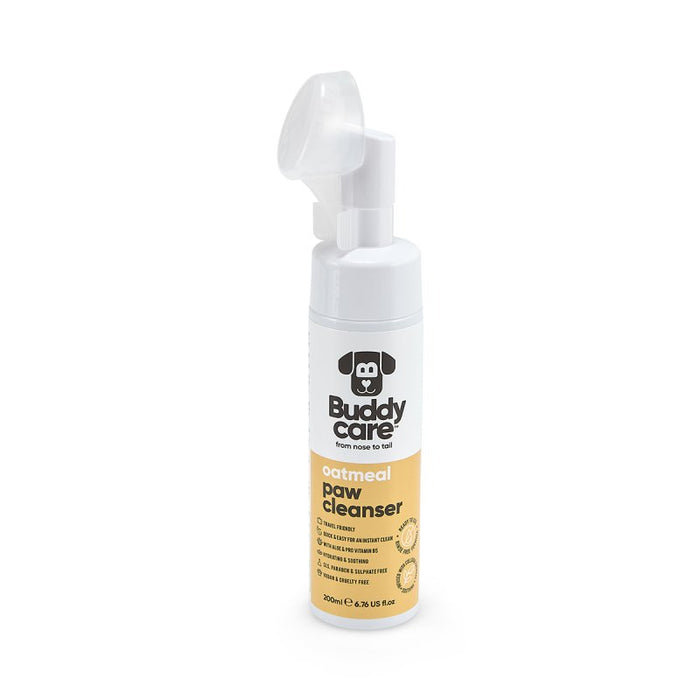 Buddycare Oatmeal paw cleanser 200ml bottle with silicone brush dispenser, front of pack