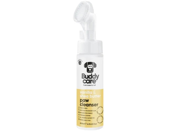 Buddycare Vanilla and Shea Butter paw cleanser 200ml bottle with silicone brush head, front of pack