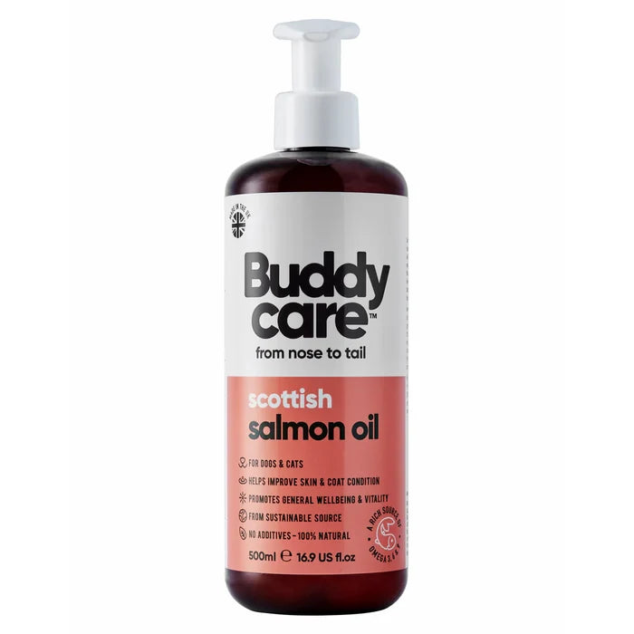 Buddycare Scottish salmon oil bottle for dogs and cats, front label