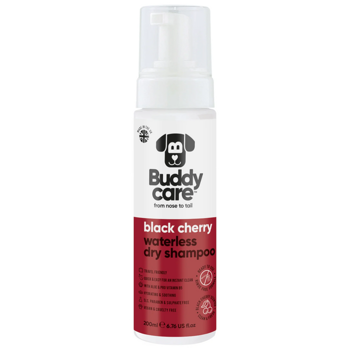Buddycare Black Cherry waterless dry dog shampoo bottle, 200ml, front label