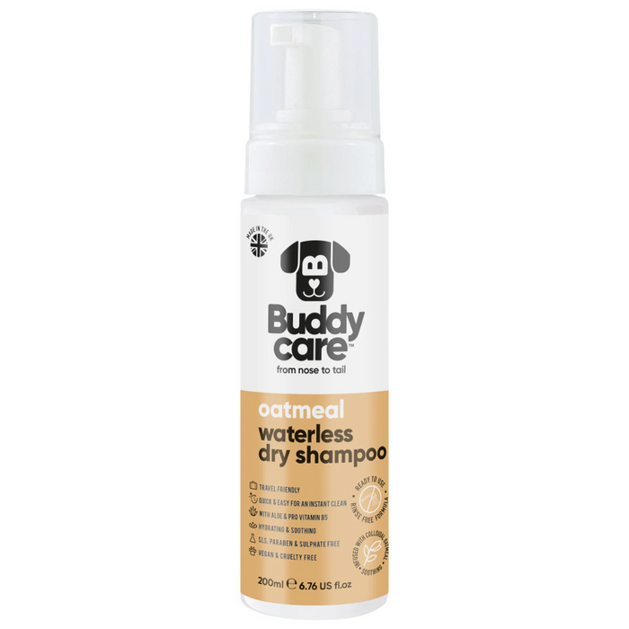 Buddycare Oatmeal waterless dry dog shampoo bottle, 200ml, front label