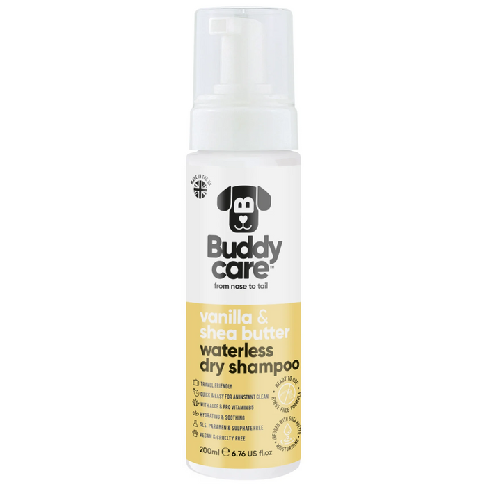 Buddycare Vanilla and Shea Butter waterless dry dog shampoo bottle, 200ml