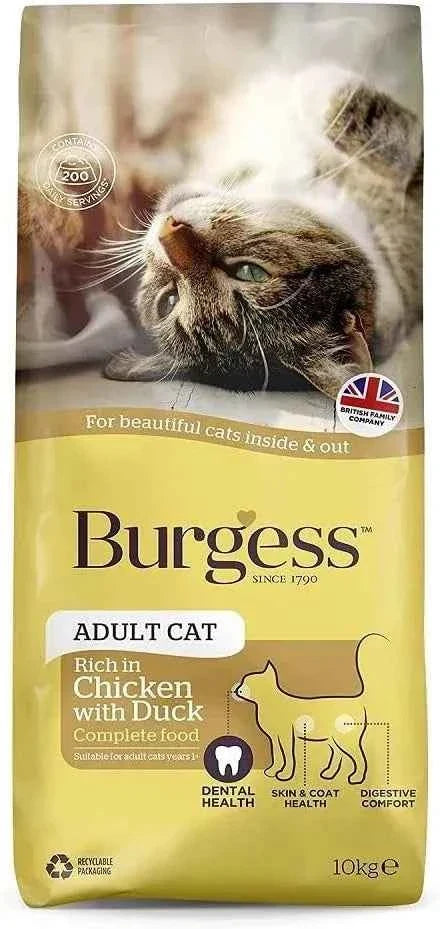 Burgess Adult Cat Food rich in chicken with duck, 1.5kg bag of complete dry food for adult cats