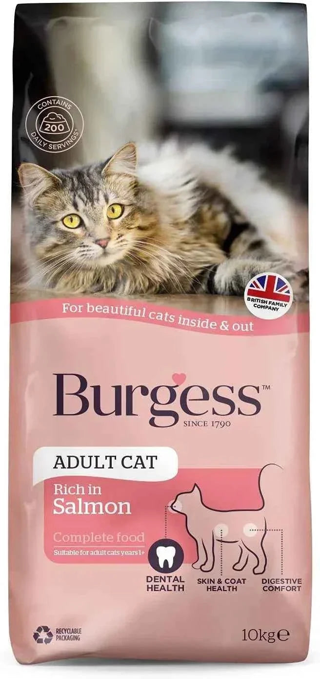 Burgess Adult Cat Food rich in salmon, 10kg sack of complete dry food for adult cats