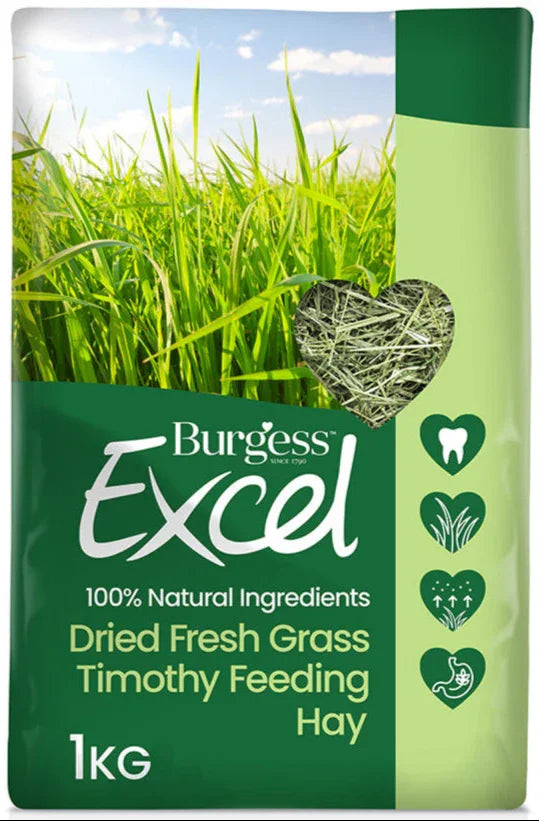 Burgess Excel dried fresh grass Timothy feeding hay, 1kg pack of barn-dried grass forage for rabbits