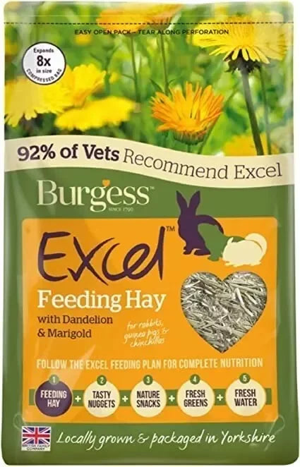 Box of Burgess Excel Timothy feeding hay with dandelion and marigold, 1kg