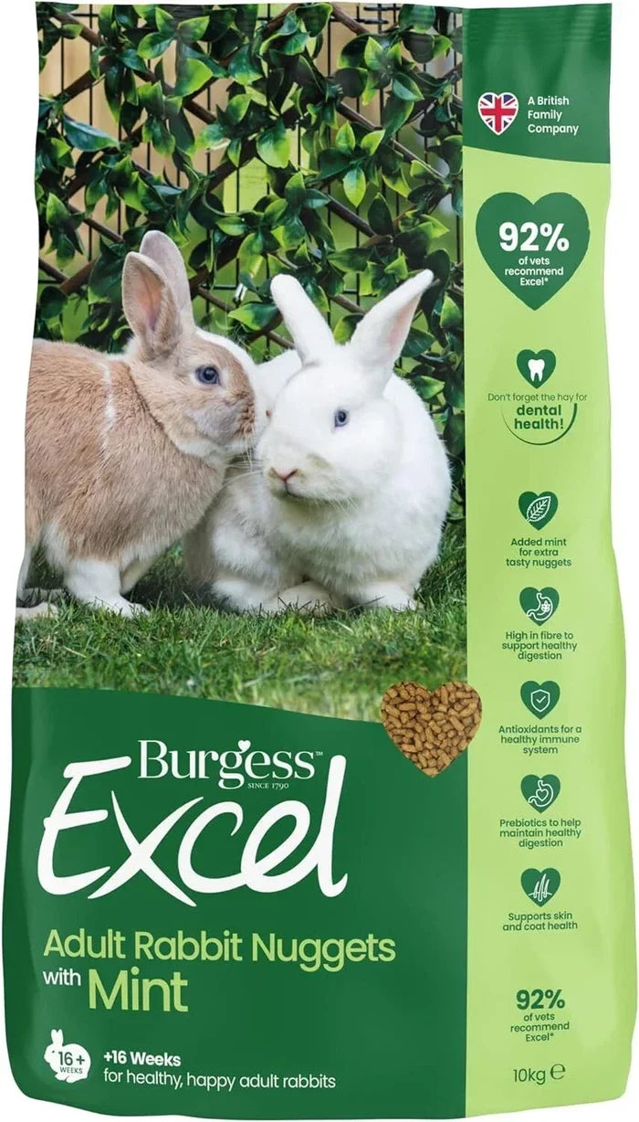 Burgess Excel adult rabbit nuggets with mint, 10kg sack of high-fibre complementary food for rabbits