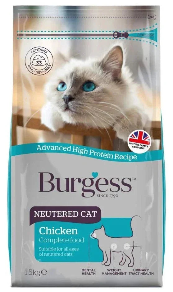 Burgess Neutered Cat dry food, 1.5kg bag of high-protein complete food formulated for neutered cats