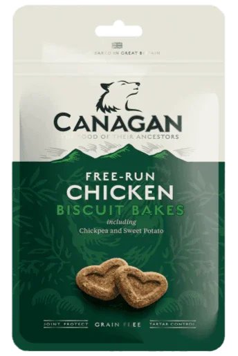 Canagan Chicken Biscuit Bakes dog treats in a 150g pack, hard-baked grain-free biscuits with tartar control