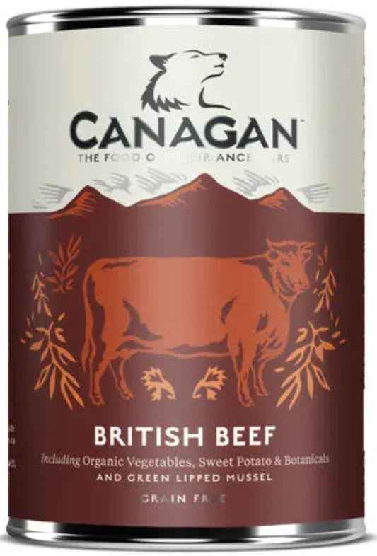 Canagan British Braised Beef 400g wet dog food can, grain free beef recipe in a tall ring-pull tin