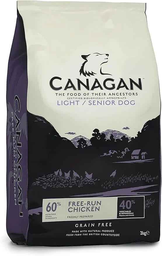 Canagan Light/Senior Free-Range Chicken dry dog food, 2kg bag with the light and senior flash on the front