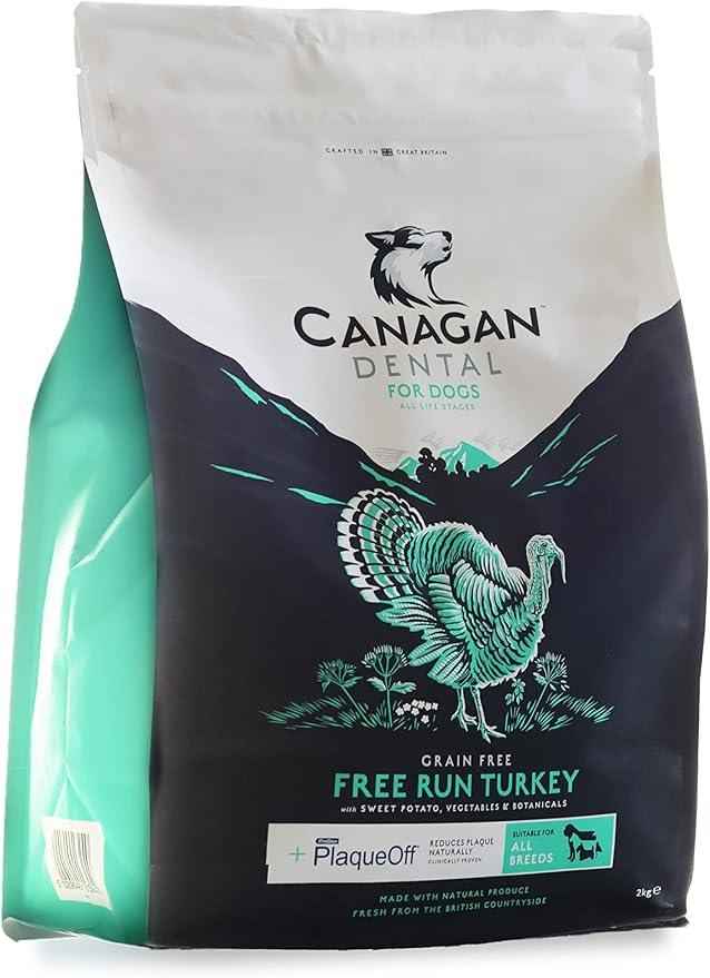 Canagan Dental free-run turkey dry dog food, 2kg bag showing the ProDen PlaqueOff mark on the front panel