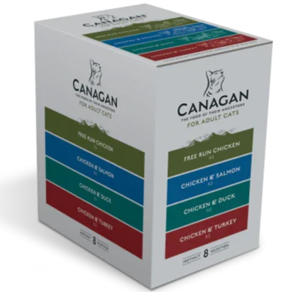 Canagan cat food multipack box holding eight 85g wet food pouches in four recipes