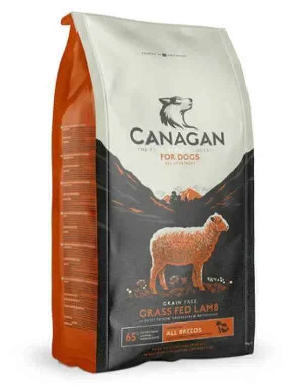 Canagan Grass Fed Lamb dry dog food, 12kg bag standing upright with the lamb recipe name on the front