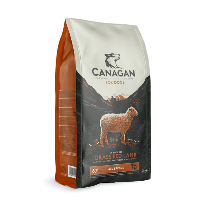 Canagan Grass Fed Lamb grain-free dry dog food, standing bag in cream and green with an embossed leaf