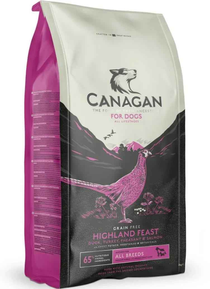 Canagan Highland Feast dry dog food in the 12kg bag, front panel naming the duck, turkey, pheasant and salmon recipe