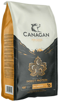 Canagan Insect Protein dry dog food, 5kg bag in gold and black with an embossed leaf and the Canagan crest