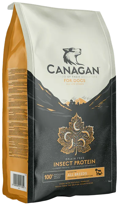 Canagan Insect Protein dry dog food, 5kg bag in gold and black with an embossed leaf and the Canagan crest
