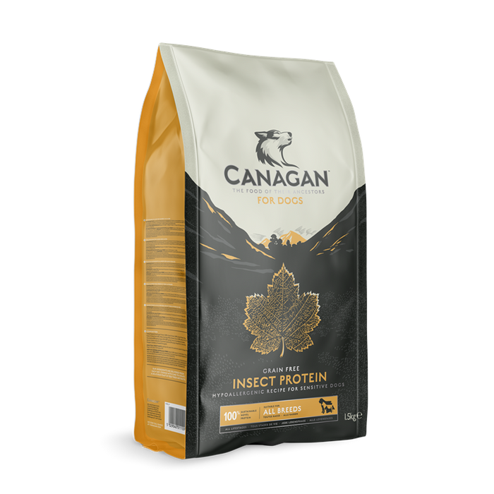 Canagan dry dog food bag photographed upright on white, gold and black with an embossed leaf and the Canagan crest