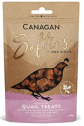 Canagan Quail Softies dog treats in a 200g resealable pouch, front panel naming the quail and collagen recipe