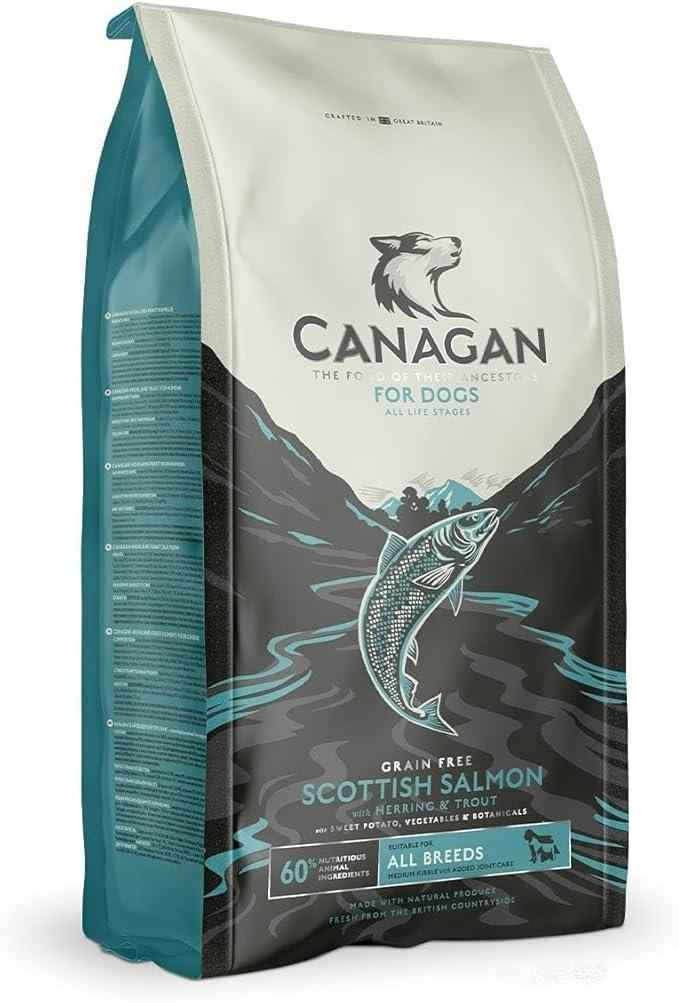 Canagan Scottish Salmon dry dog food in the 12kg bag, pale blue and cream packaging with the brand crest