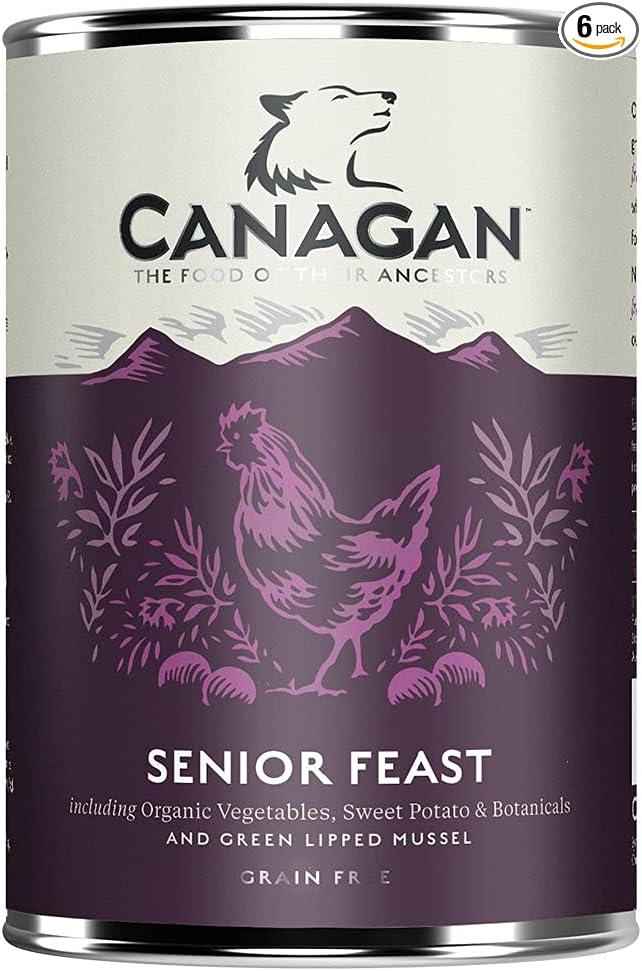Canagan Senior Feast grain-free wet dog food in a 400g can, label naming the chicken and turkey joint-care recipe