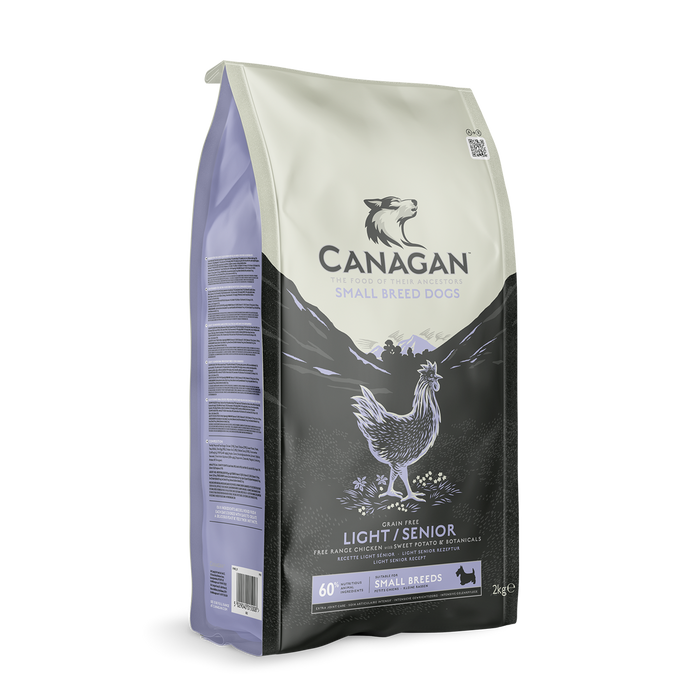 Canagan Small Breed Light/Senior dry dog food bag standing upright, cream panel with the Canagan crest