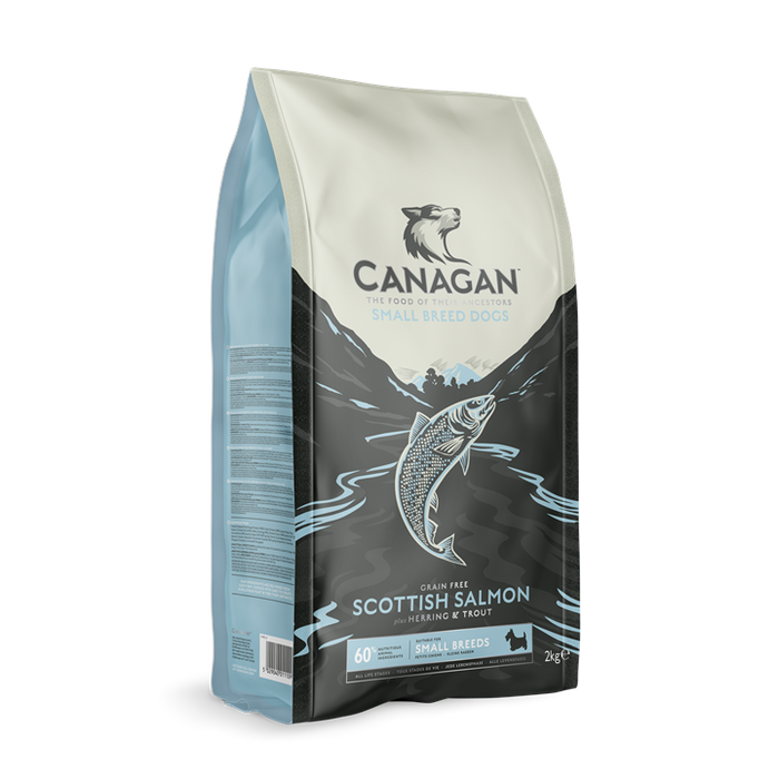 Canagan Small Breed Scottish Salmon grain-free dry dog food, standing bag with an embossed leaf motif