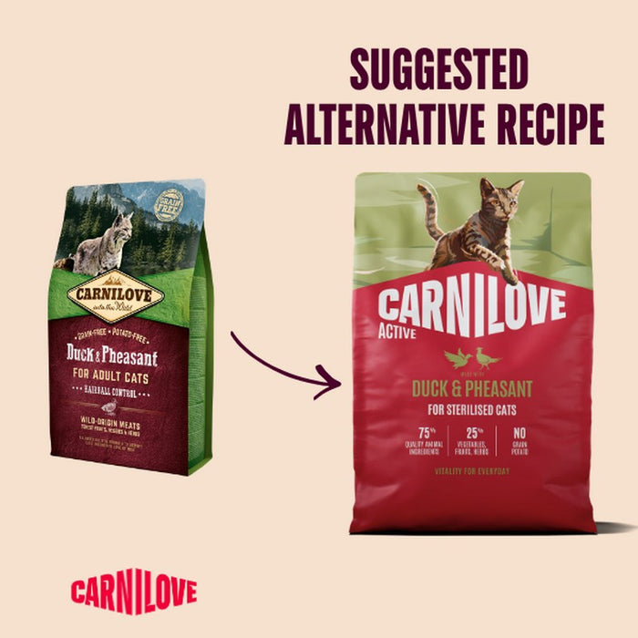 Carnilove ACTIVE Duck & Pheasant sterilised cat food, second view of the 400g bag