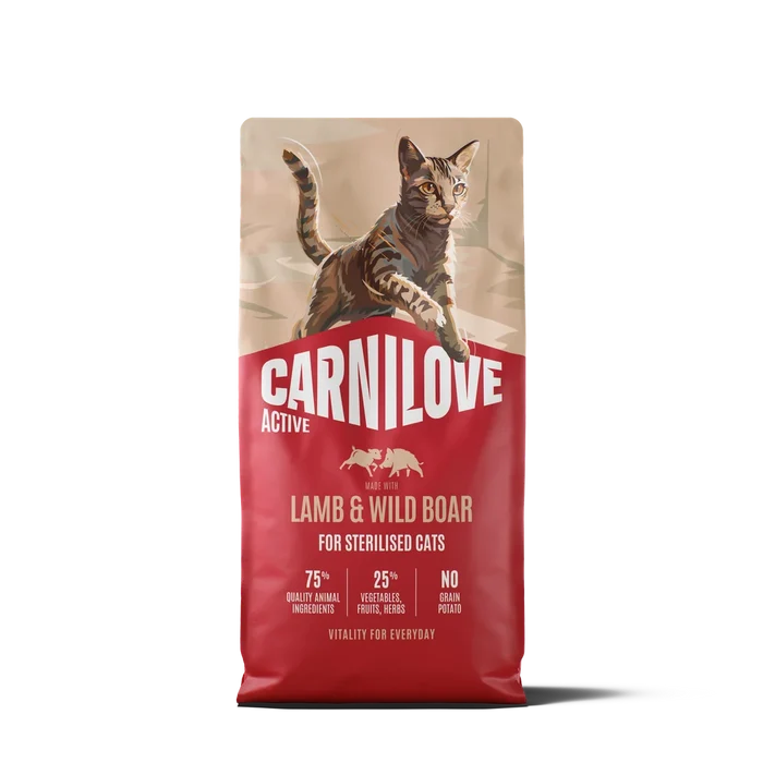 Carnilove ACTIVE Lamb & Wild Boar grain-free dry cat food for sterilised adults, front of the bag
