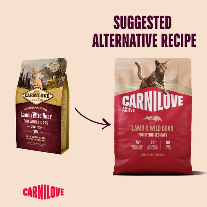 Carnilove ACTIVE Lamb & Wild Boar sterilised cat food, second view of the 400g bag