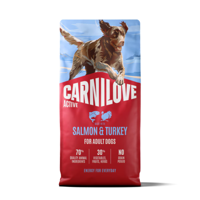 Carnilove ACTIVE Salmon & Turkey grain-free dry dog food for adults, front of the bag