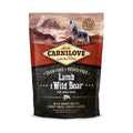 Carnilove lamb and wild boar grain-free dry dog food for adults, front of the bag