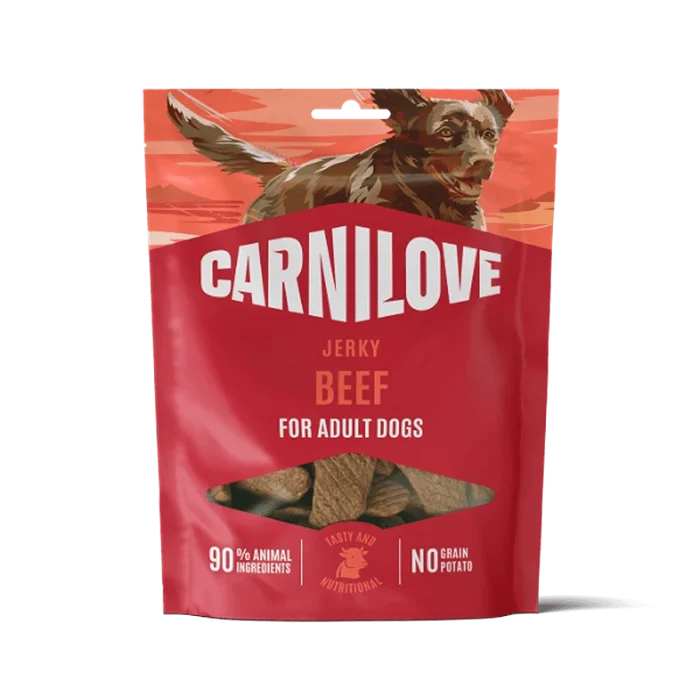 Carnilove Beef Fillet meat jerky dog treats 100g, front of the resealable pack