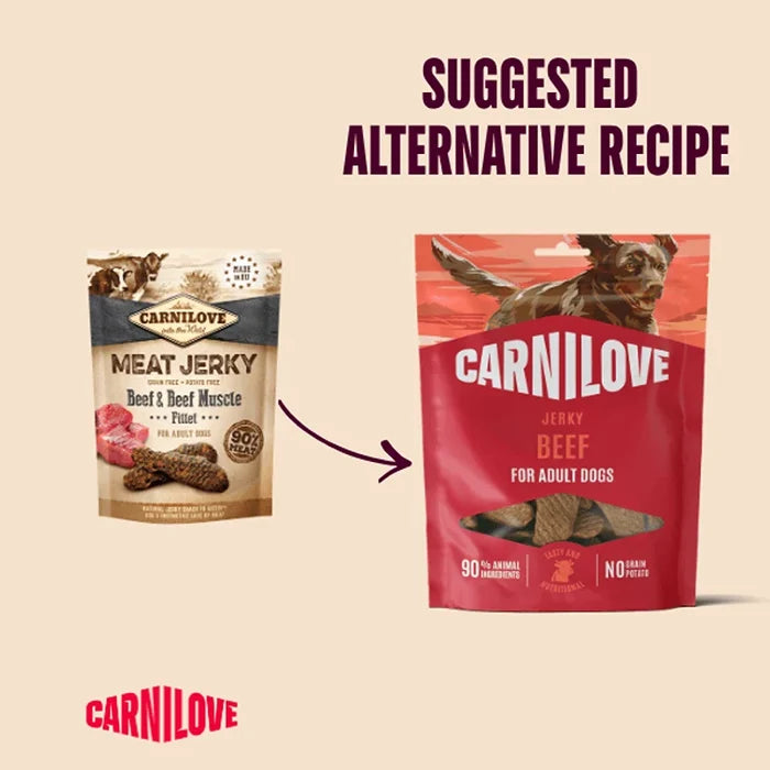 Carnilove beef jerky pack shown in its new and previous packaging designs side by side