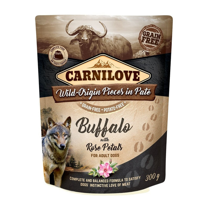 Carnilove Buffalo with Rose Petals 300g wet dog food pouch, front of pack with buffalo artwork