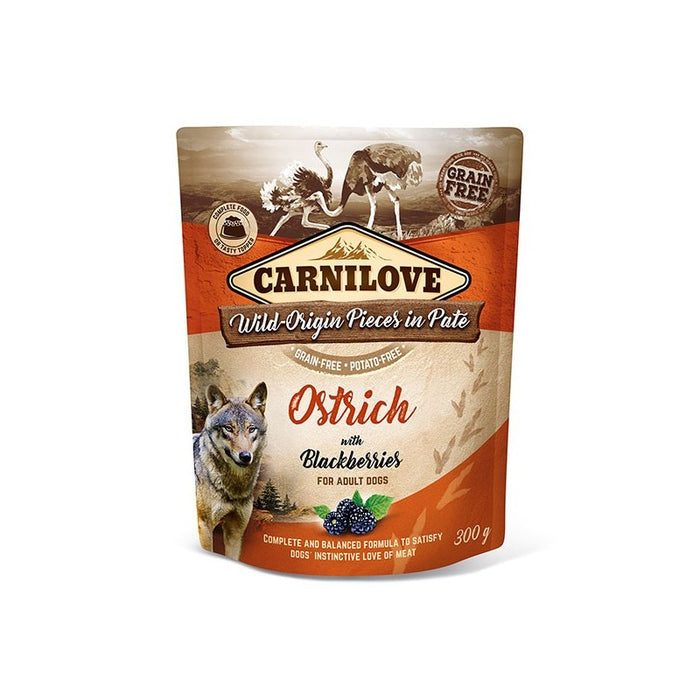 Carnilove Ostrich with Blackberries 300g wet dog food pouch, front of pack with ostrich artwork