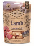 Carnilove freeze-dried raw lamb dog treats, front of the standing pouch