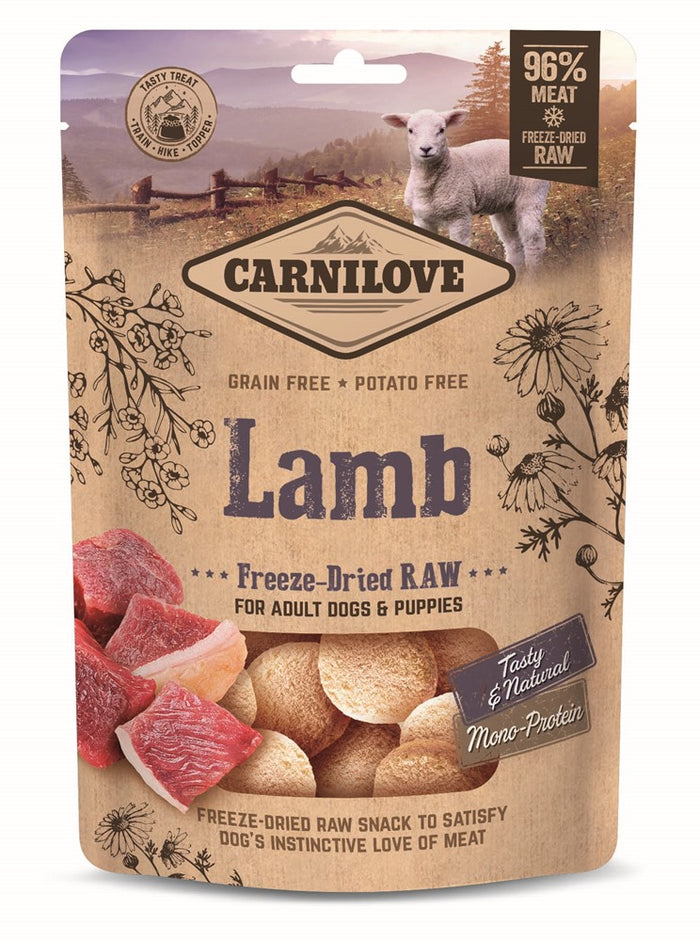 Carnilove freeze-dried raw lamb dog treats, front of the standing pouch