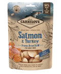 Carnilove freeze-dried raw salmon and turkey dog treats, front of the standing pouch