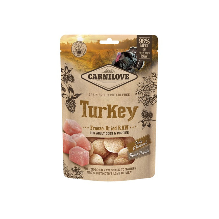 Carnilove freeze-dried raw turkey dog treats, front of the standing pouch