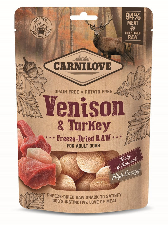 Carnilove freeze-dried raw venison and turkey dog treats, front of the standing pouch