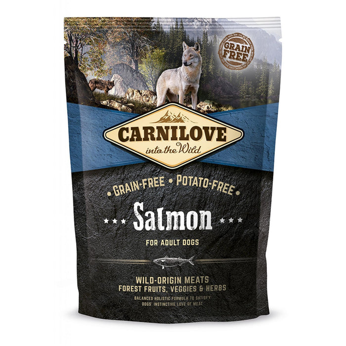 Carnilove grain-free potato-free salmon adult dry dog food 1.5kg bag, front of pack