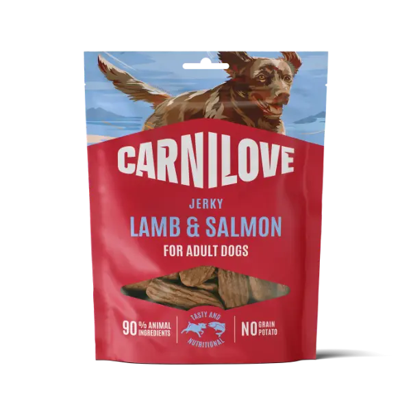 Carnilove Lamb and Salmon Fillet meat jerky dog treats 100g pack, front view