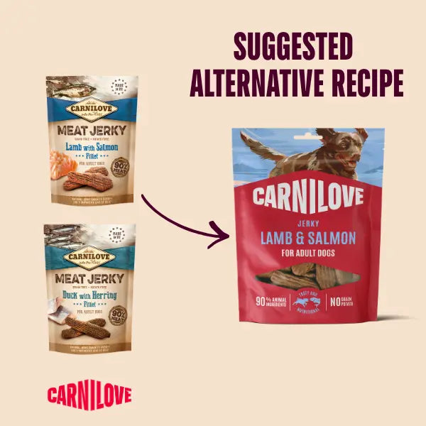 Carnilove lamb and salmon jerky pack photographed from another angle