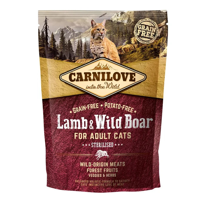 Carnilove Lamb & Wild Boar grain-free dry cat food for sterilised cats, 400g bag